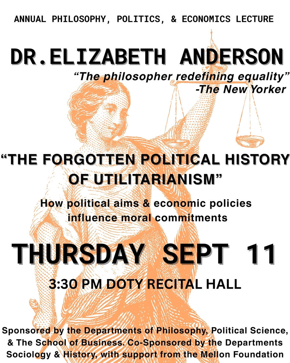 Flyer for Liz Anderson's talk, "the political history of utilitarianism" on 9/11/25, at 3:30 pm