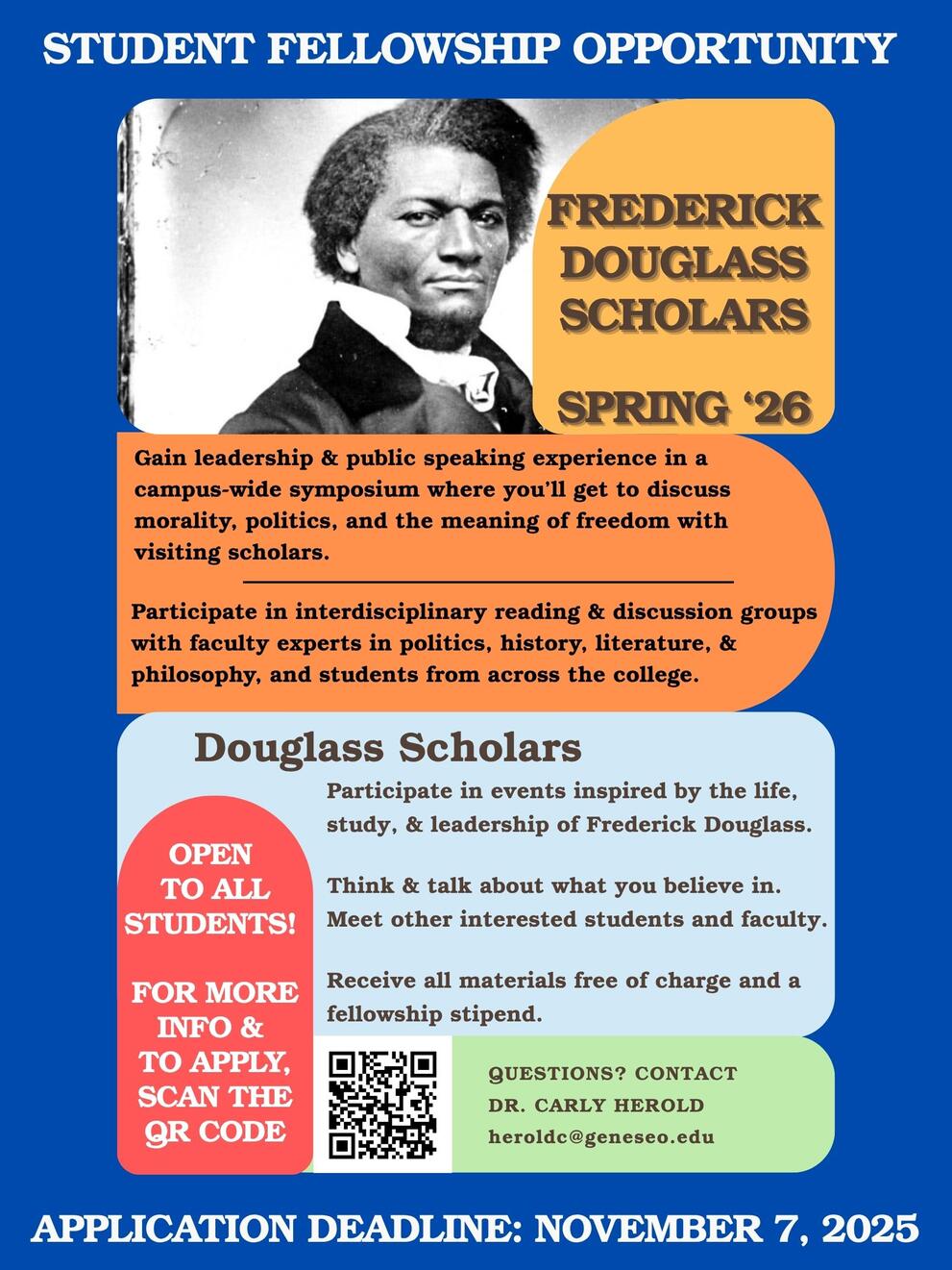 Flyer for Frederick Douglass Scholars Program. For more information, go to: https://www.geneseo.edu/frederick-douglass-scholars