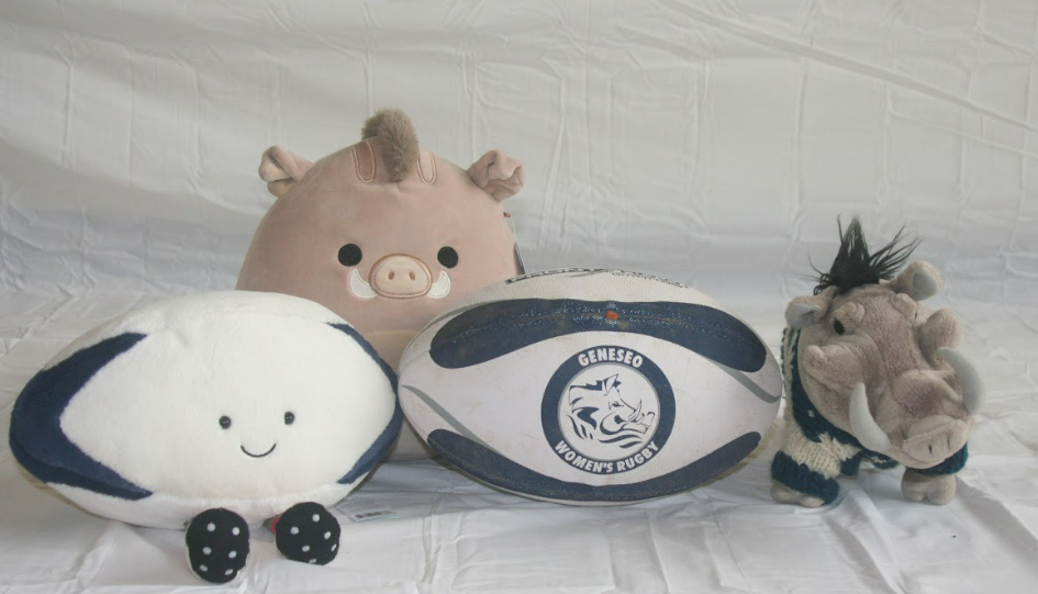 A white rugby-ball-shaped plush with a face, a large pink warthog-like plush, a white and blue "Geneseo Women's Rugby" ball, and a smaller grey warthog plush wearing a blue and white sweater.