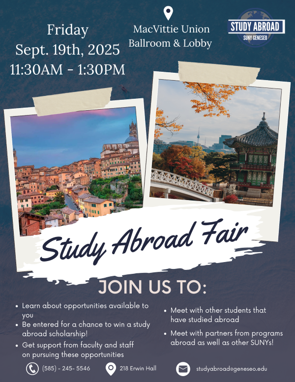 Flyer for SUNY Geneseo's Study Abroad Fair on Sept. 19, 2025, from 11:30 AM to 1:30 PM at MacVittie Union. Includes event details, contact info, and scholarship opportunity.