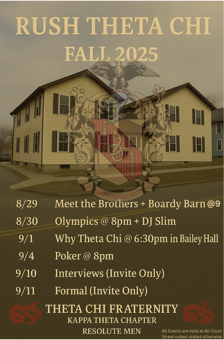 Promotional flyer for Theta Chi Fraternity, Kappa Theta Chapter, announcing their Fall 2025 Rush schedule. August 29: Meet the Brothers and Boardy Barn at 9 PM. August 30: Olympics at 8 PM featuring DJ Slim. September 1: “Why Theta Chi” event at 6:30 PM in Bailey Hall. September 4: Poker Night at 8 PM. September 10: Interviews (Invite Only). September 11: Formal (Invite Only). All events are held at 80 Court Street unless otherwise noted.
