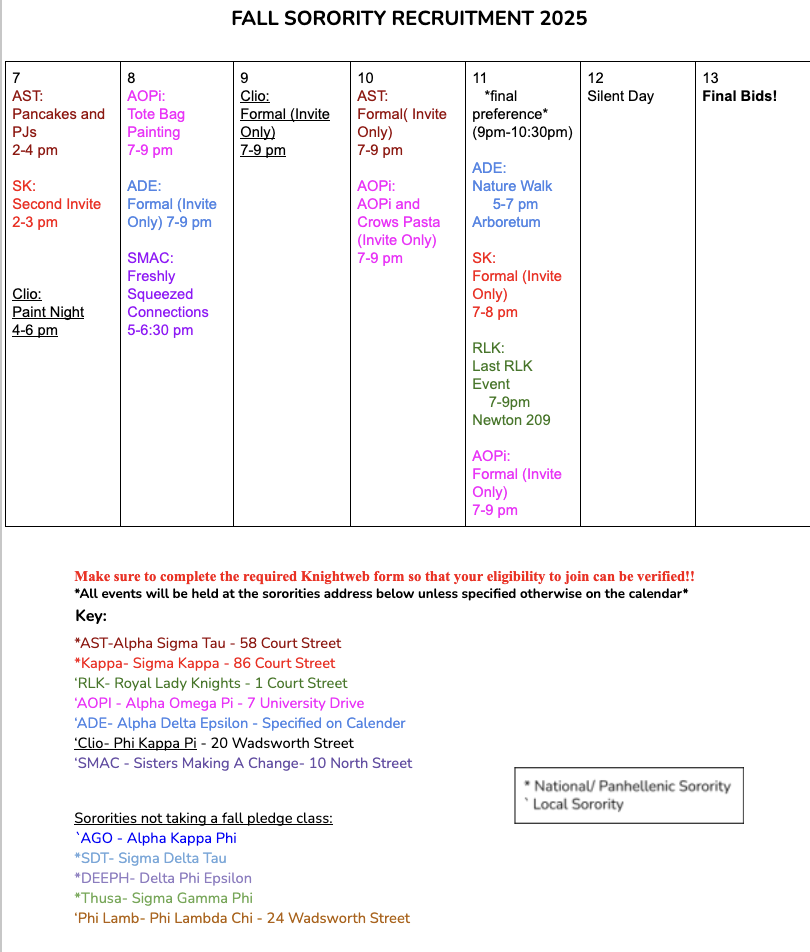 Schedule flyer for Fall Sorority Recruitment 2025 at SUNY Geneseo, listing events from September 7 to 13. Events include themed socials, formals (invite only), a final preference night on September 11, a silent day on September 12, and final bids on September 13. Each event is hosted by various sororities such as AST, SK, Clio, AOPi, ADE, SMAC, and RLK. Locations and addresses for each sorority are provided. Complete the Knightweb form to verify eligibility.