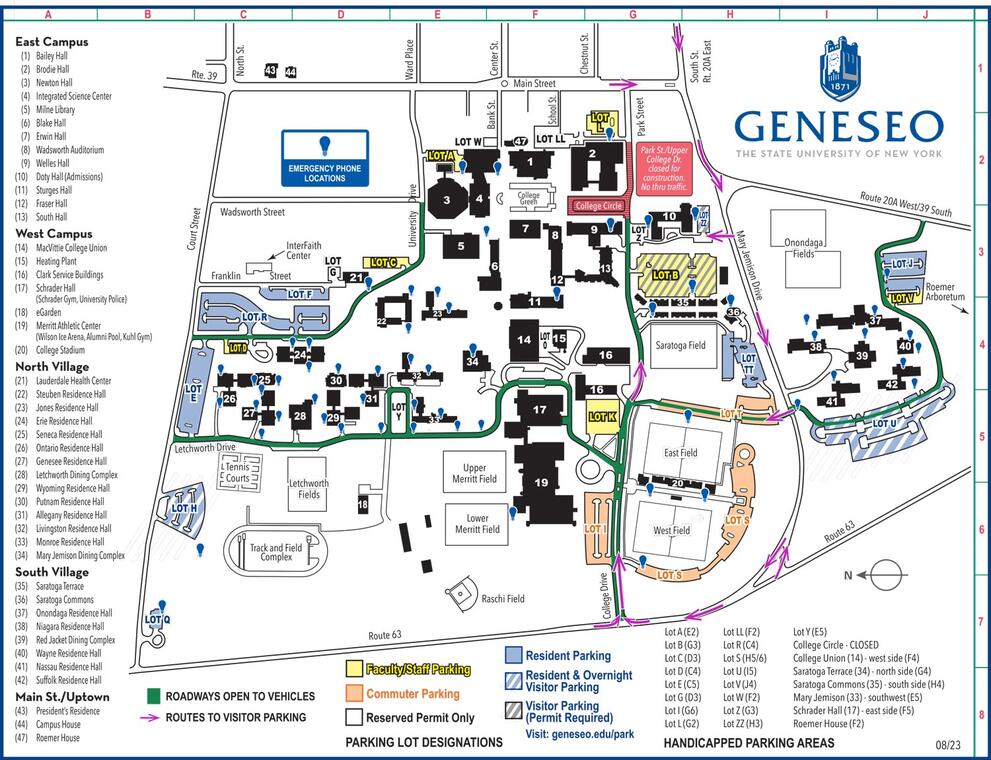 SUNY Geneseo campus map updated August 2023