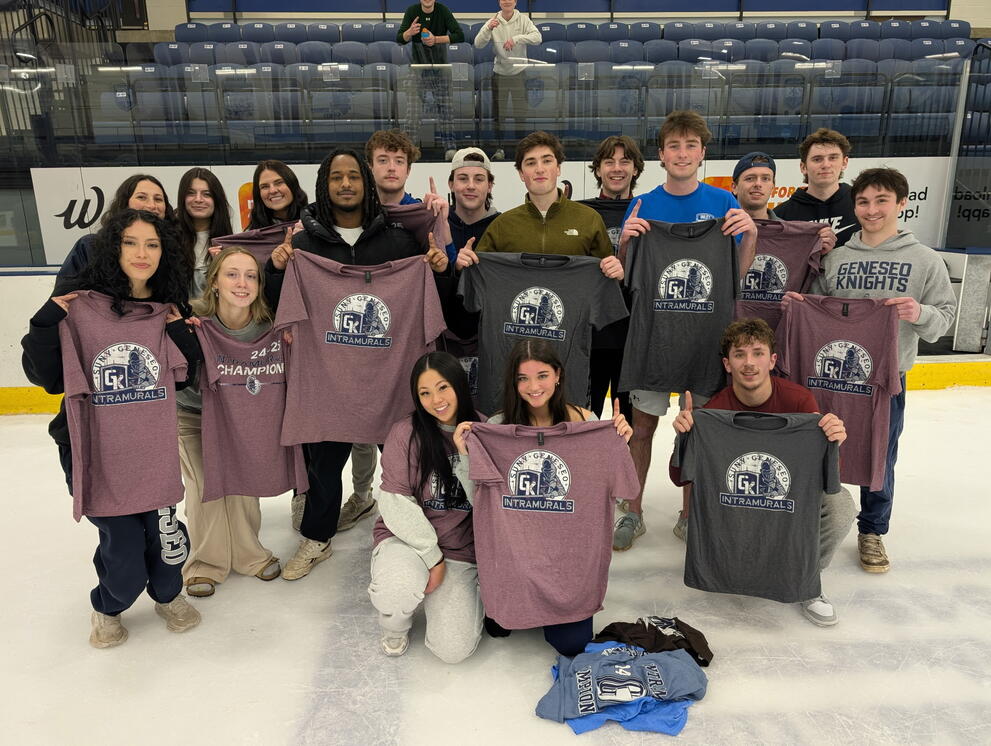 Ice rink, broomball champions, maroon shirts, suny geneseo college students,