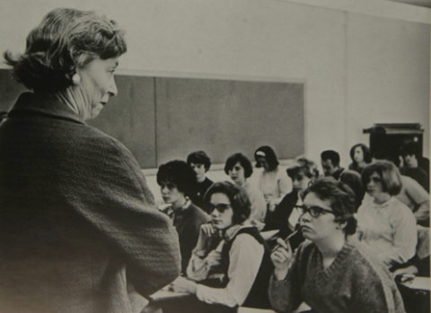 Black and white photo of Professor Kathryn Beck instructing a classroom ca. 1964
