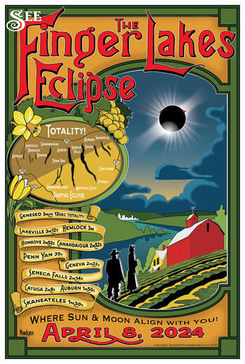 Graphic by Tyler Nordgren of solar eclipse events in the Finger Lakes on April 8, 2024