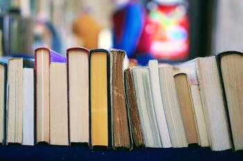 row of books arranged with the top bindings facing the viewer.