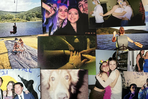Collage of photos taken by students with a disposable camera, including vacations and friend group photos.