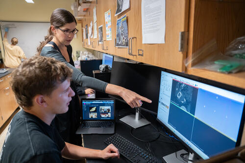 Associate professor of biology Mackenzie Gerringer works with Zebulun Soper '26 in the lab. 