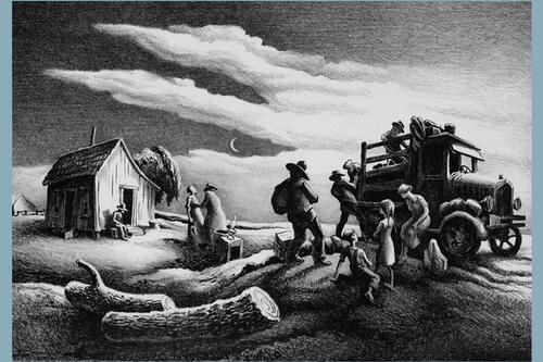 Cover art of dust-bowl era truck and shack house