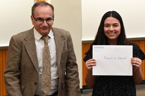 Dr. Robert O'Donnell presents Sarah Eckl with the new Robert W. O'Donnell Award