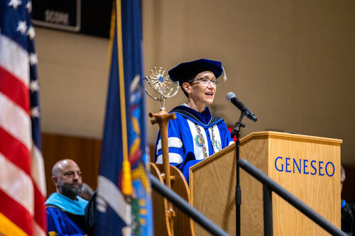 SUNY Geneseo President Denise Battles speaking at New Student Convocation 