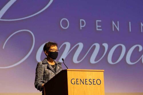President Denise Battles speaking at SUNY Geneseo&#039;s Opening Convocation 