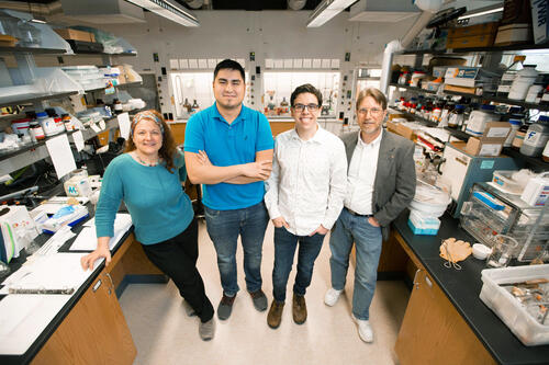 Associate Professor Jani Lewis, Nolberto Jaramillo '21, Daniel Brush '20, Associate Professor Eric Helms