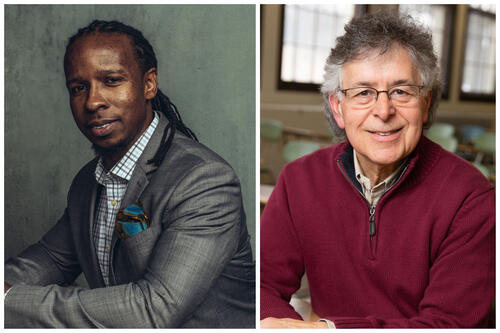Portrait of Ibram Kendi in a suit and Howard Blumenthal in a red sweater