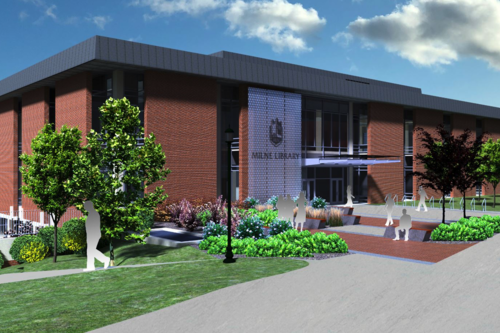 An illustration of what the outside of Milne Library will look like.
