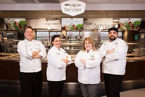 Four campus chefs who went to Italy, posing at Letchworth dining hall