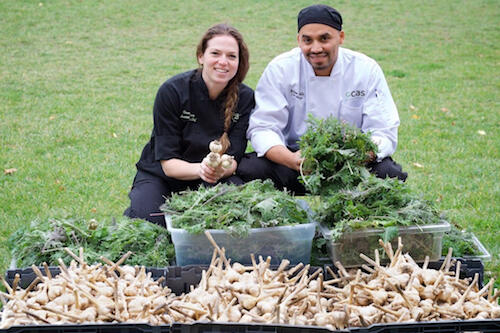 Chefs from Campus Auxiliary Services show garlic that was grown in the e-Garden