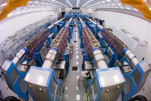 Interior of the Laboratory for Laser Energetics, operated by the University of Rochester