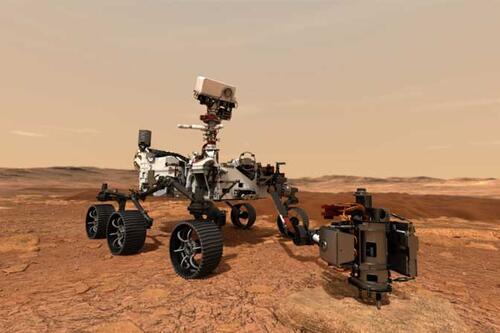 Mars 2020 rover uses its drill to core a rock sample on Mars