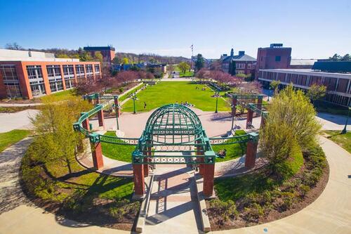 The SUNY Geneseo green and surrounding buildings, from the air.