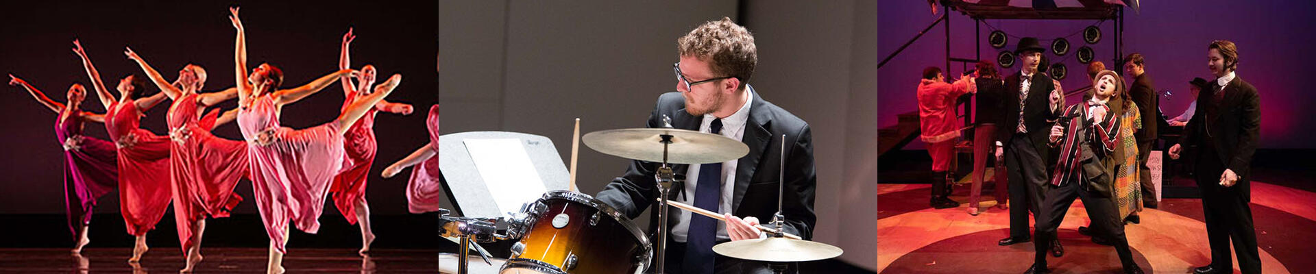 Image of Dance ensemble, percussionist, and musical theatre production