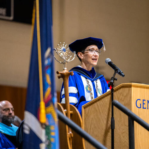 SUNY Geneseo President Denise Battles speaking at New Student Convocation 