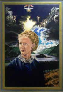 A painting of a woman with the sky behind her.