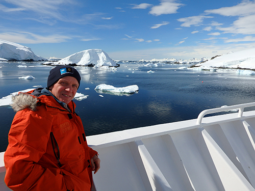 Geneseo teacher Randy French '83 in Antarctica on a boat.