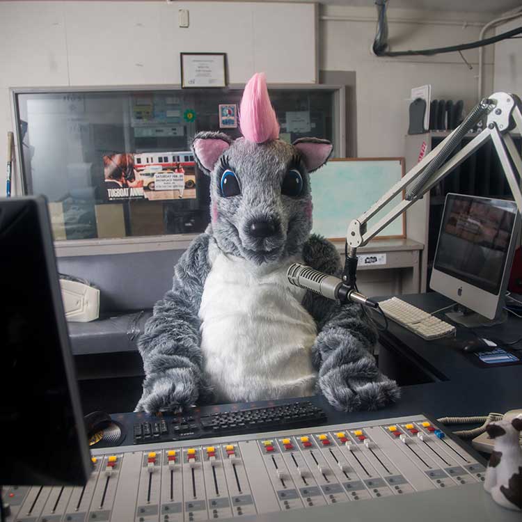 Genny the WGSU mascot in the WGSU studio
