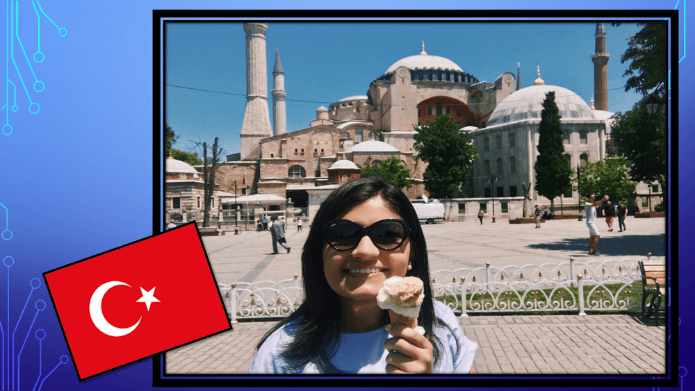 Selin E. in front of the Hagia Sofia in Istanbul, Turkey
