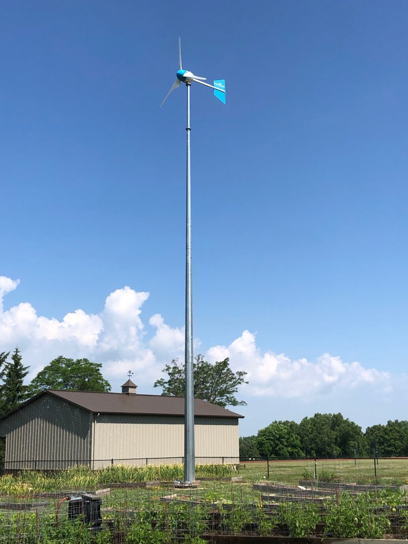 Wind turbine among raised beds.