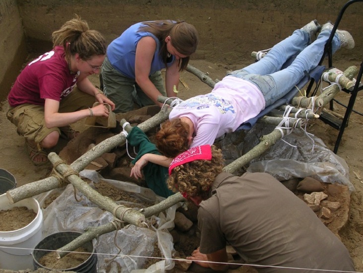 Students carefully excavating a fossil in a dig site, with one person suspended to work over delicate bones. Students carefully excavating a fossil in a dig site, with one person suspended to work over delicate bones.