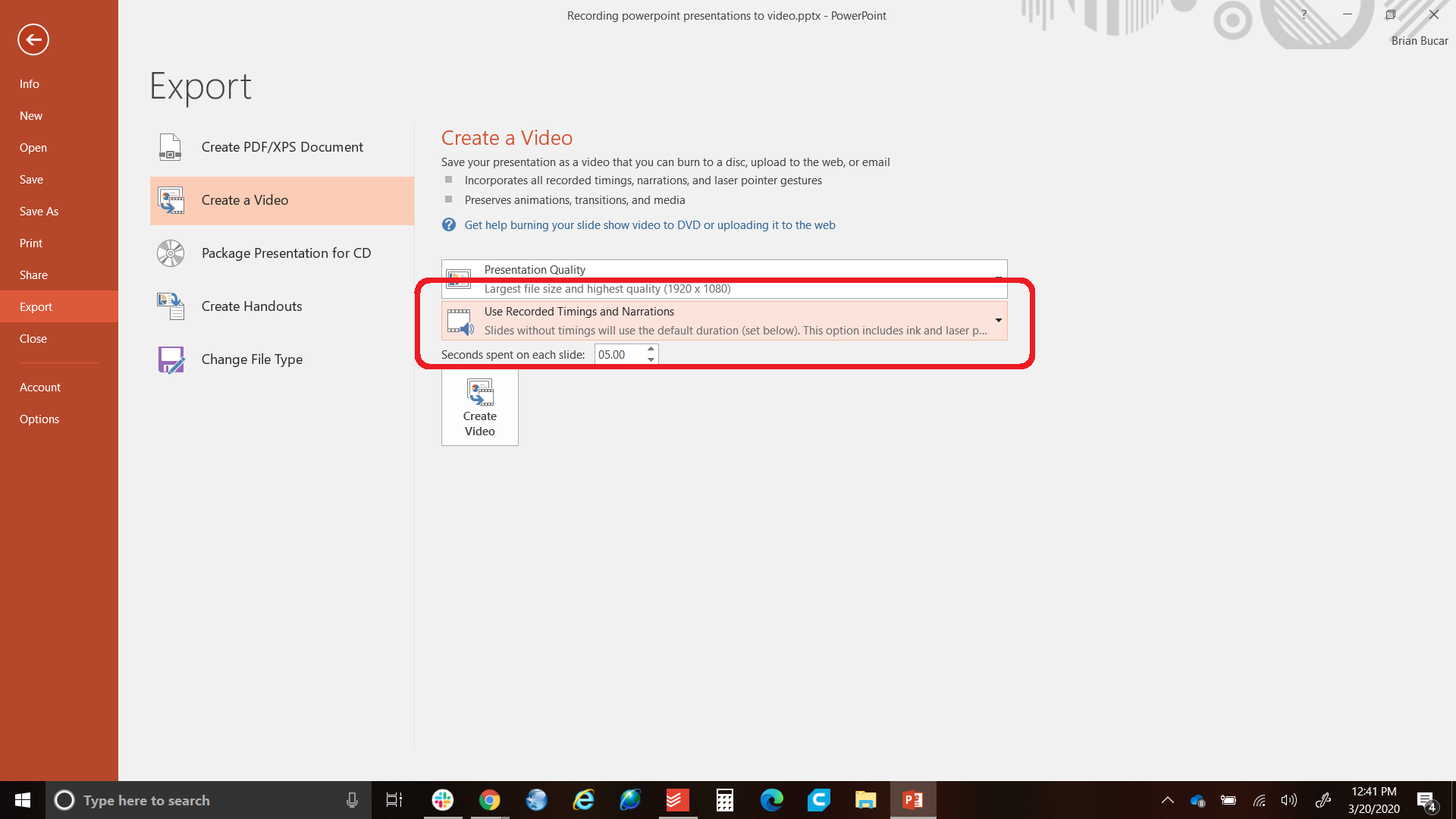 PowerPoint Screen Shot of export features
