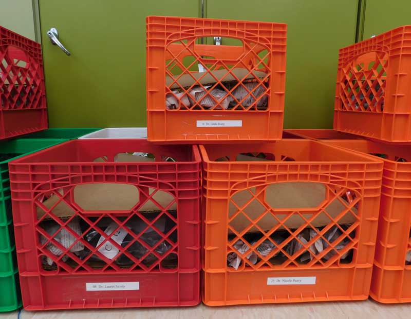 Milk crates of rock samples