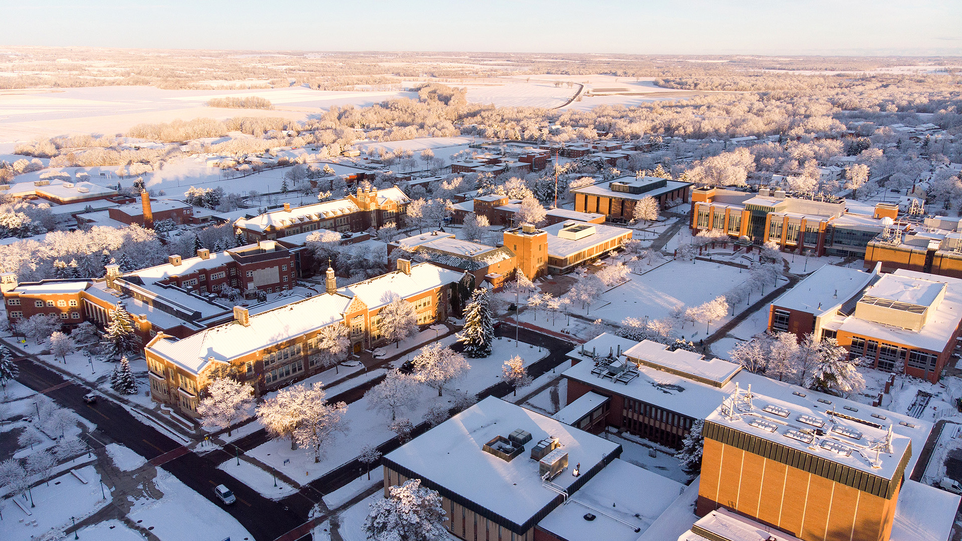 Aerial view of campus in winter