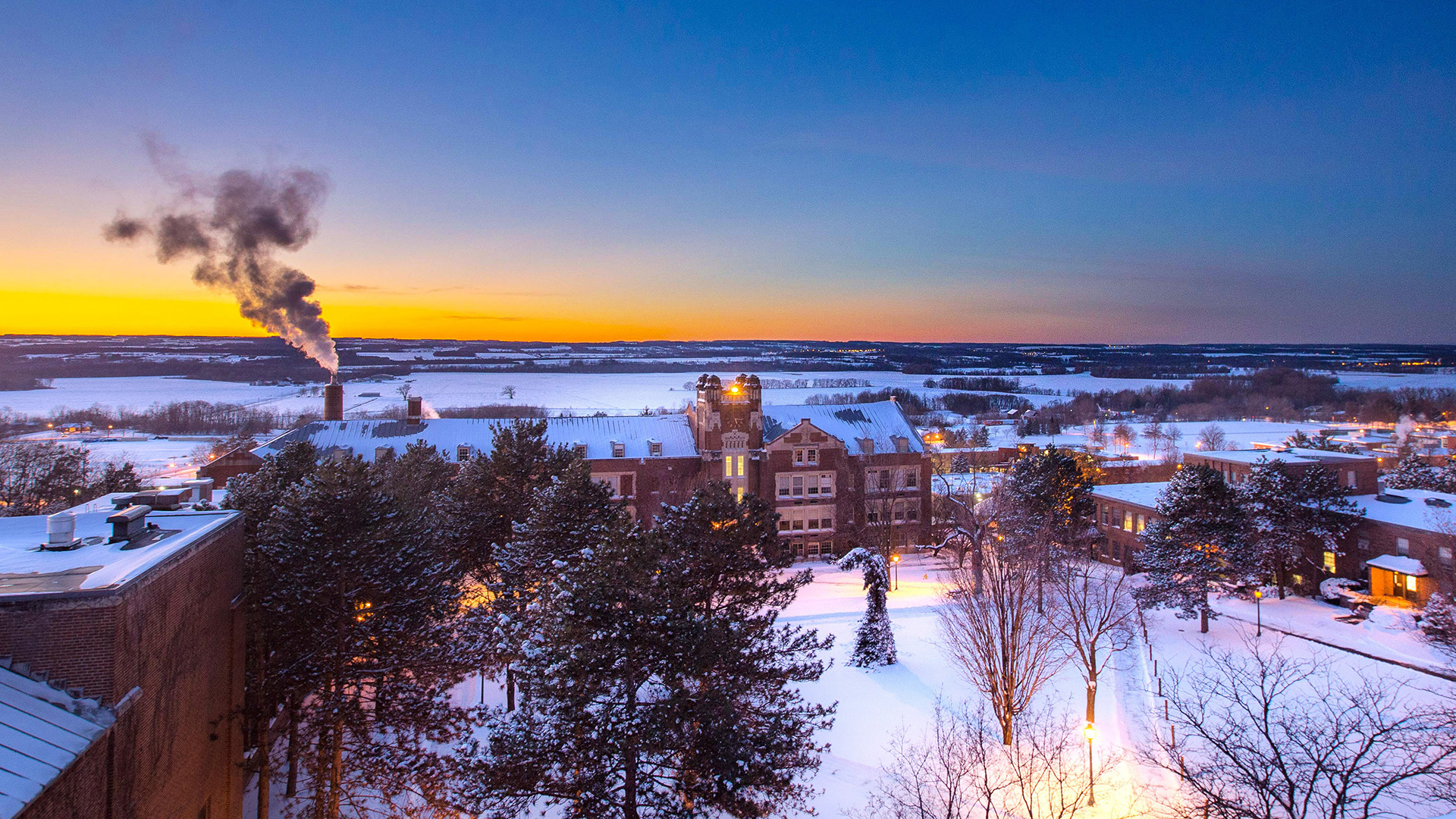 snowy campus from above