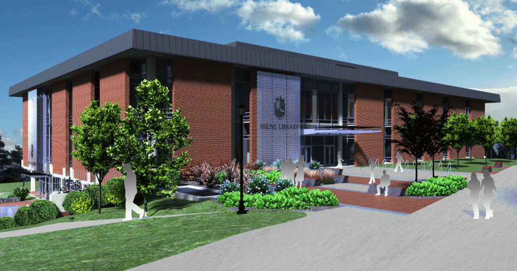 An illustration of what the outside of Milne Library will look like.