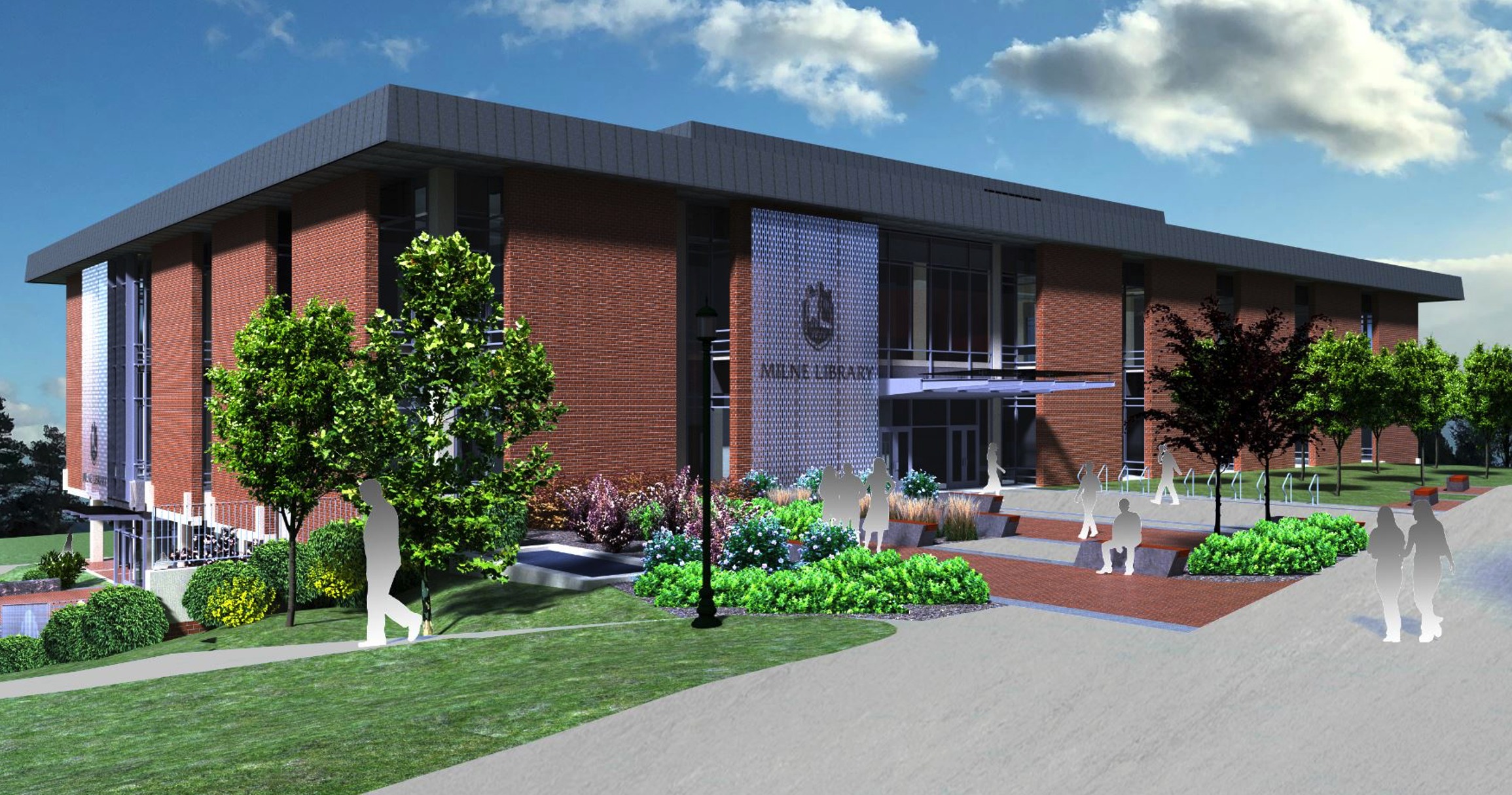 An illustration of what the outside of Milne Library will look like.
