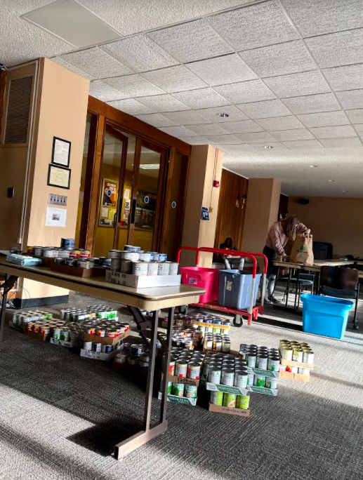 Canned food items collected for the Greek Life food drive organized by Jordyn Costello '21 and Geneseo Food Security Advocates. (Image provided by Jordyn Costello).