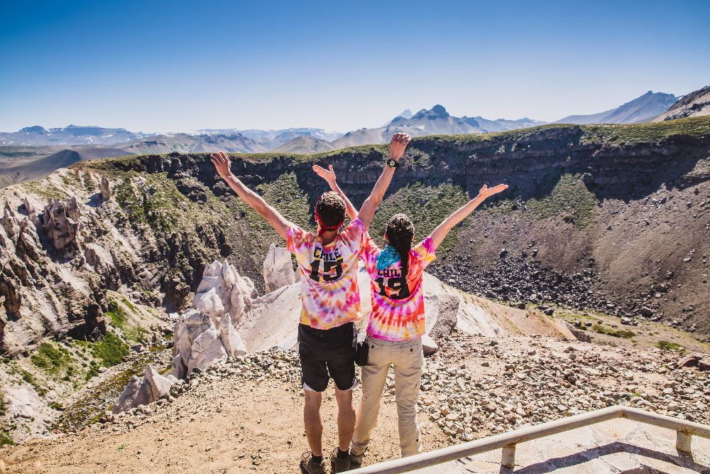 Students beholding the small canyon before them.