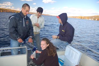 Group of students conducting research on Conesus Lake