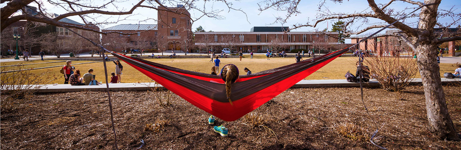 Student sitting on a hammock facing the Erwin building 