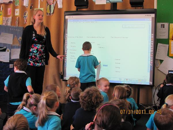 Student Teacher leading an exercise on the Smartboard.