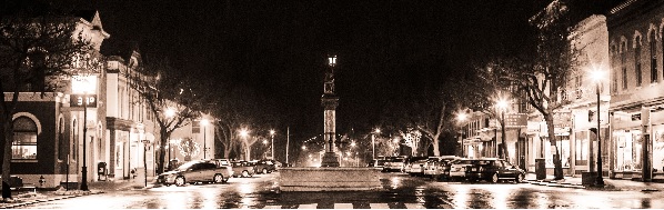 MainStreetNight Geneseo bear fountain on Main St.