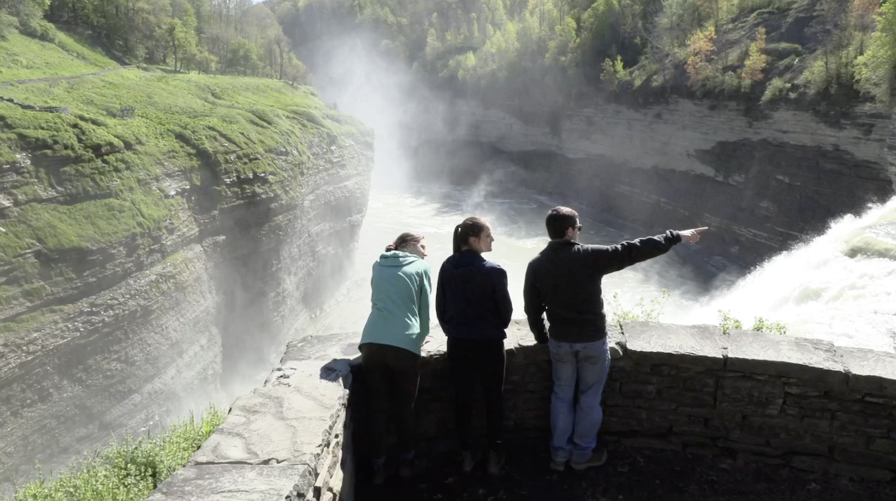 Pointing at waterfall in Letchworth State Park