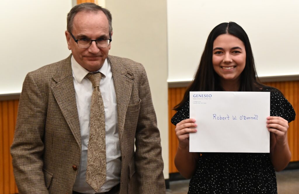 Dr. Robert O'Donnell presents Sarah Eckl with the new Robert W. O'Donnell Award