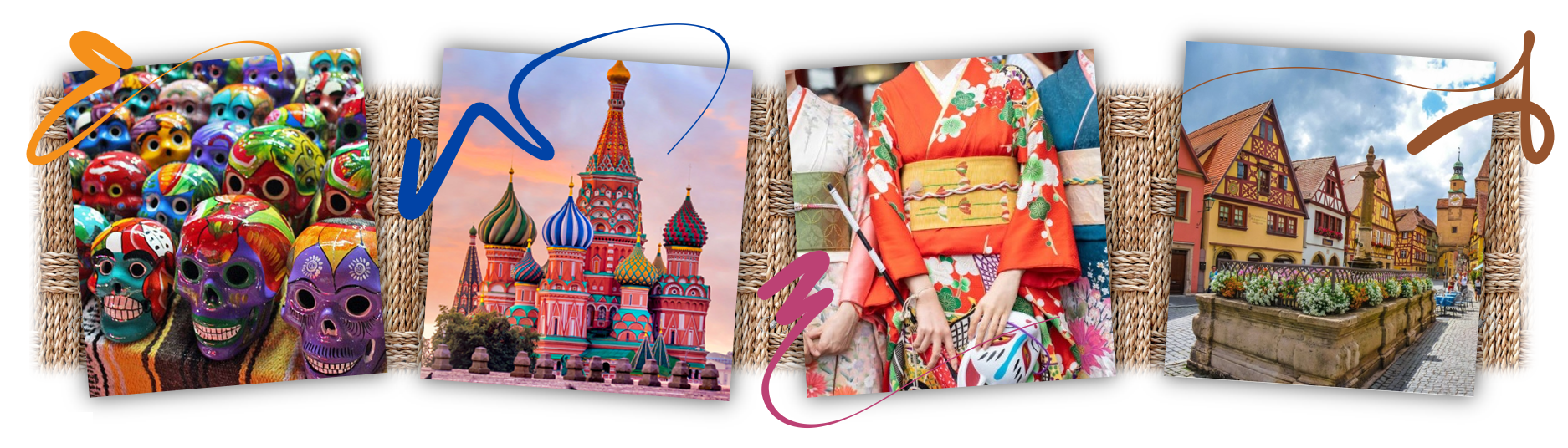 alt="Tapestry of painted skulls, Persian buildings, kimonos"