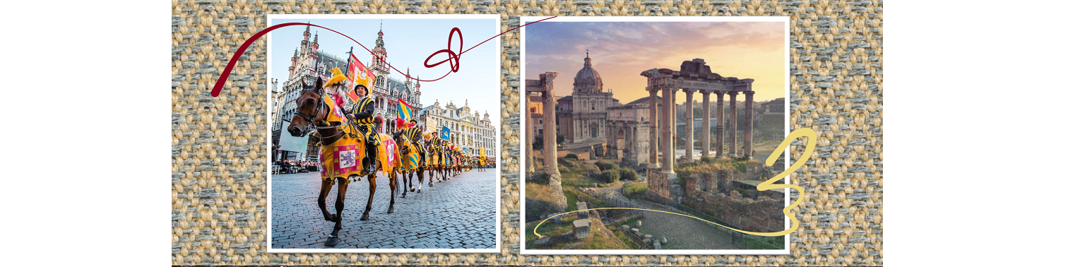 Photo of rider on horseback during a cultural event in Europe. Photo of Roman Forum.