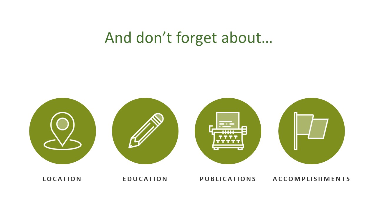 And don't forget about.... location, education, publications, and accomplishments